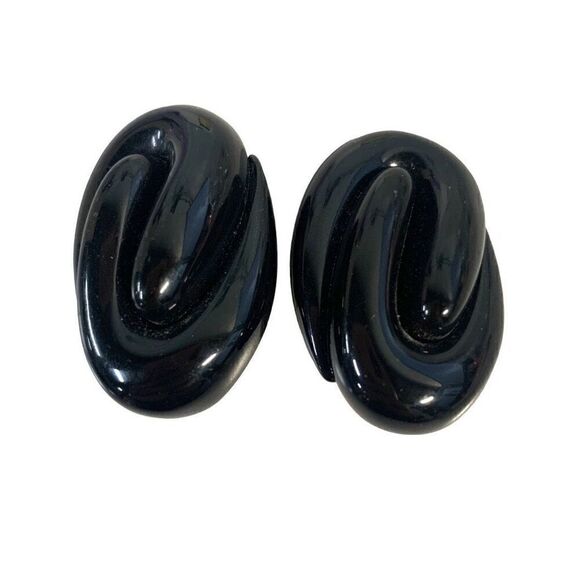 Vintage 1-1/2" Liz Claiborne Plastic Black Clip On Earrings - Picture 1 of 5